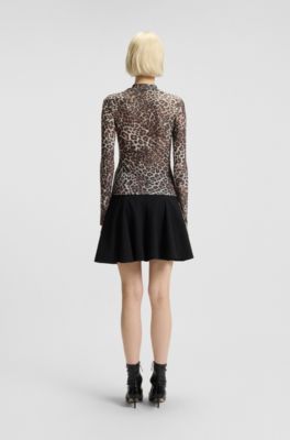 Rollneck top with leopard print and gathered details, Patterned