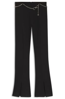Flared trousers with front slits and chain belt, Black