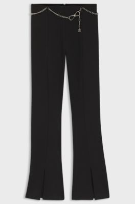 Flared trousers with front slits and chain belt, Black