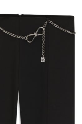 Flared trousers with front slits and chain belt, Black