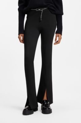 Flared trousers with front slits and chain belt, Black