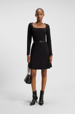 A-line dress in stretch jersey with square neckline, Black