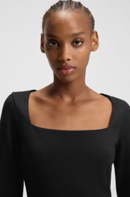 Robe coupe &eacute;vas&eacute;e en jersey stretch &agrave; encolure carr&eacute;e, Noir