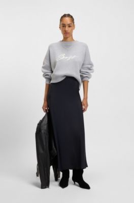 Maxi skirt in crinkle satin, Dark Blue