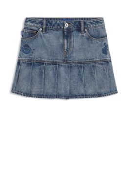 Half-pleated mini skirt in blue rigid denim, Blue