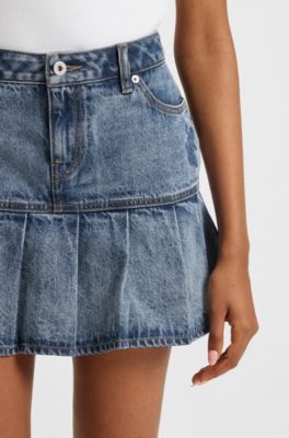 Half-pleated mini skirt in blue rigid denim, Blue