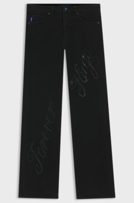 Slim-fit jeans in denim with rhinestone logo slogan, Black