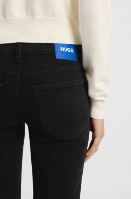 Slim-fit jeans in denim with rhinestone logo slogan, Black
