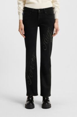 Slim-fit jeans in denim with rhinestone logo slogan, Black