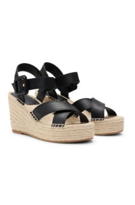 Wedge espadrilles with leather straps, Black