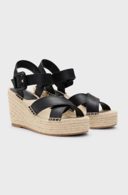 Wedge espadrilles with leather straps, Black