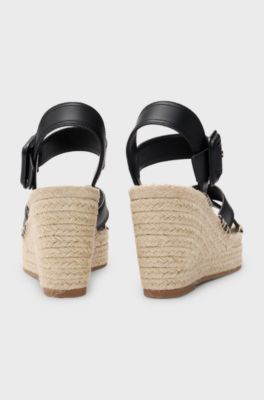Wedge espadrilles with leather straps, Black