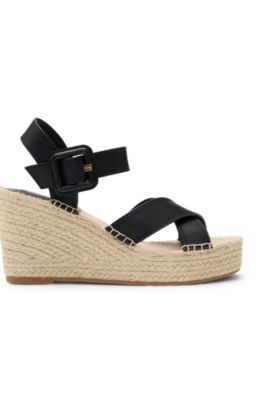 Wedge espadrilles with leather straps, Black