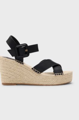 Wedge espadrilles with leather straps, Black