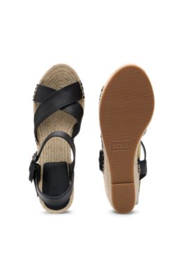 Wedge espadrilles with leather straps, Black
