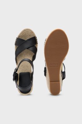 Wedge espadrilles with leather straps, Black