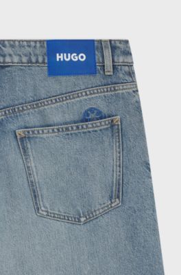 Baggy-fit jeans with drawcord and Happy HUGO logo, Light Blue