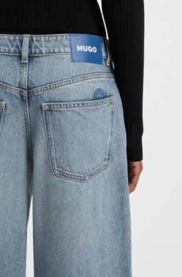 Baggy-fit jeans with drawcord and Happy HUGO logo, Light Blue
