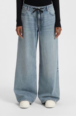 Baggy-fit jeans with drawcord and Happy HUGO logo, Light Blue