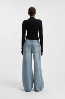 Baggy-fit jeans with drawcord and Happy HUGO logo, Light Blue