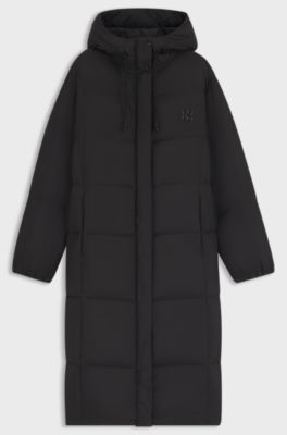 Long-length hooded down jacket with stacked-logo print, Black