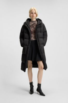 Lange Daunenjacke mit Kapuze und Stack-Logo-Print, Schwarz