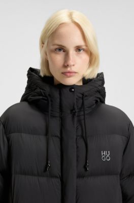 Long-length hooded down jacket with stacked-logo print, Black