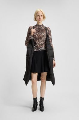 Lange Daunenjacke mit Kapuze und Stack-Logo-Print, Schwarz