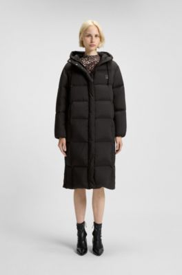 Long-length hooded down jacket with stacked-logo print, Black