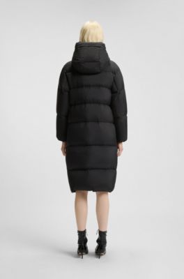 Long-length hooded down jacket with stacked-logo print, Black