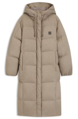 Long-length hooded down jacket with stacked-logo print, Light Beige