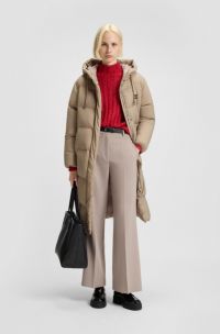 Lange Daunenjacke mit Kapuze und Stack-Logo-Print, Hellbeige