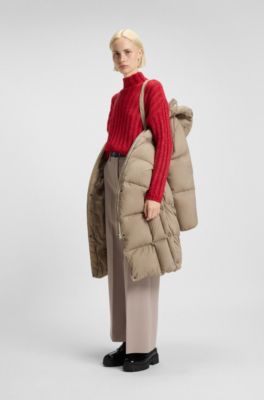 Long-length hooded down jacket with stacked-logo print, Light Beige