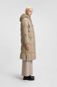 Long-length hooded down jacket with stacked-logo print, Light Beige