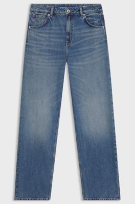 Loose-fit jeans in blue denim with Happy HUGO logo, Blue