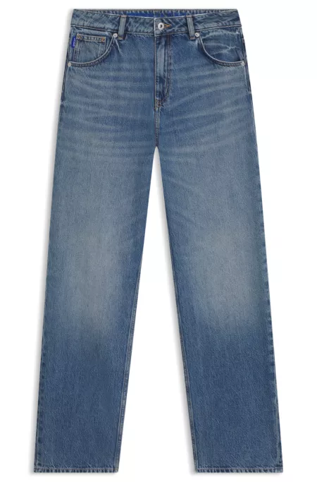 Loose-fit jeans in blue denim with Happy HUGO logo