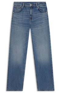 Loose-fit jeans in blue denim with Happy HUGO logo, Blue