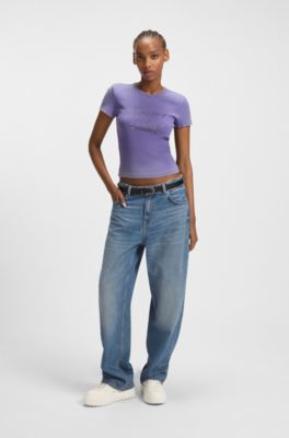Loose-fit jeans in blue denim with Happy HUGO logo, Blue