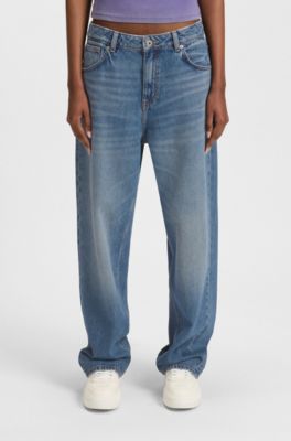 Loose-fit jeans in blue denim with Happy HUGO logo, Blue