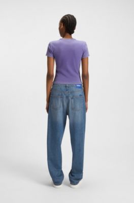 Loose-fit jeans in blue denim with Happy HUGO logo, Blue