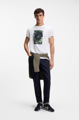 T-shirt in jersey di cotone con grafica con animale, Bianco