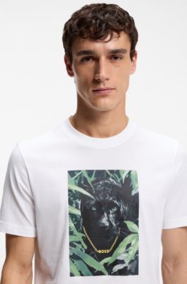 T-shirt in jersey di cotone con grafica con animale, Bianco