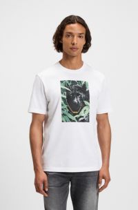 T-shirt in jersey di cotone con grafica con animale, Bianco