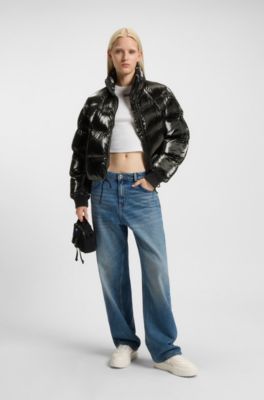 High-sheen puffer jacket with silicone logo badge, Black