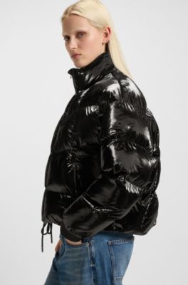 High-sheen puffer jacket with silicone logo badge, Black