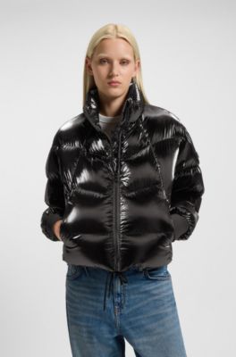 High-sheen puffer jacket with silicone logo badge, Black