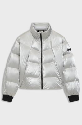 Hoogglanzend pufferjack met siliconen logopatch, Zilver