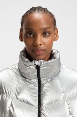 High-sheen puffer jacket with silicone logo badge, Silver