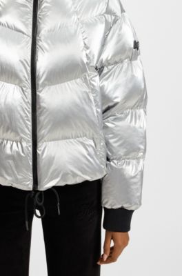 High-sheen puffer jacket with silicone logo badge, Silver