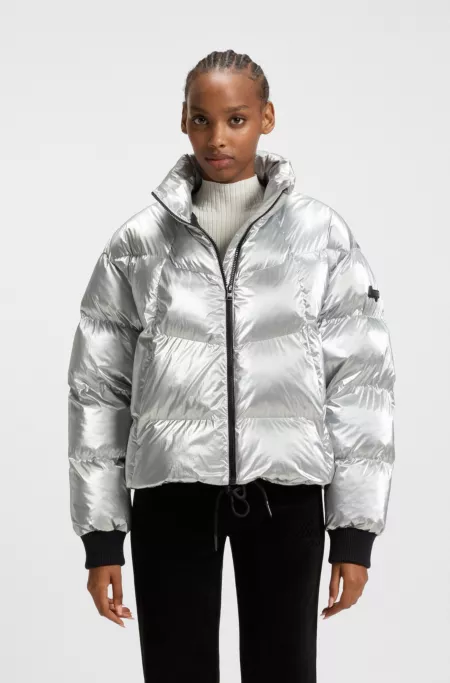 High-sheen puffer jacket with silicone logo badge